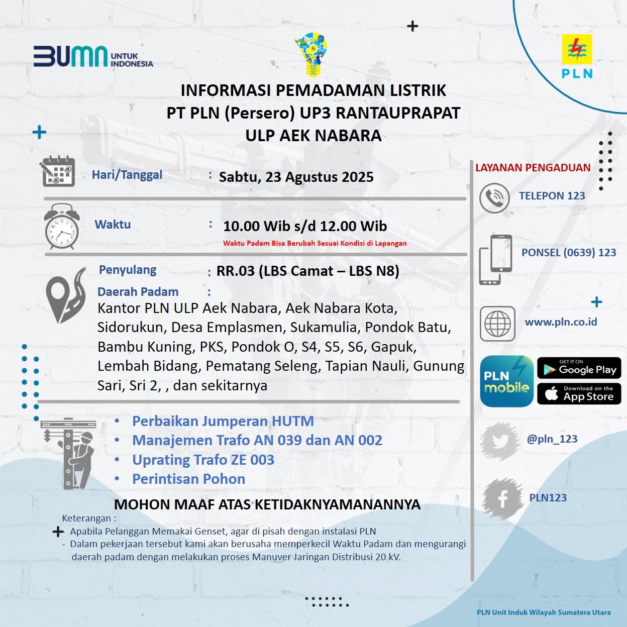 PLN Aek Nabara Akan Melakukan Pemadaman, Berikut Wilayah Yang Terdampak 1 PLN