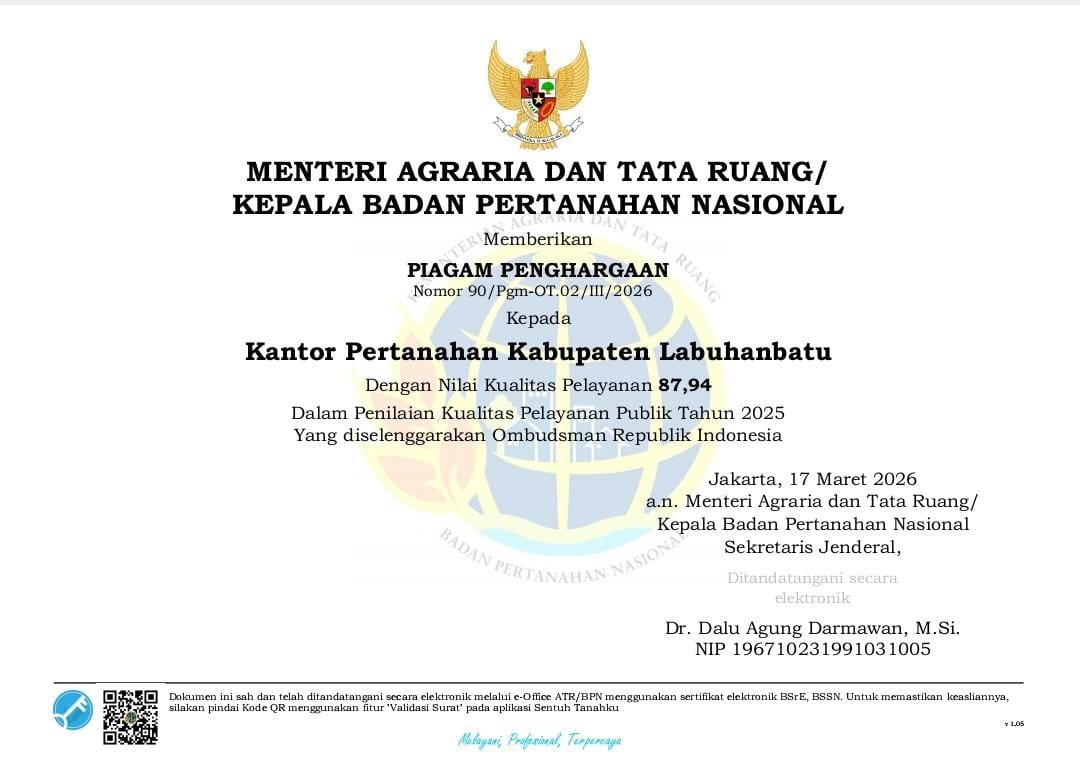 Pelayanan Publik Meningkat, Kantor Pertanahan Labuhanbatu Raih Apresiasi Ombudsman RI 1 Kantor Pertanahan